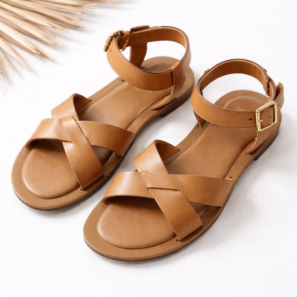 MNG Mango Tan Strappy Flat Sandals | Size 38 (US 7.5–8)